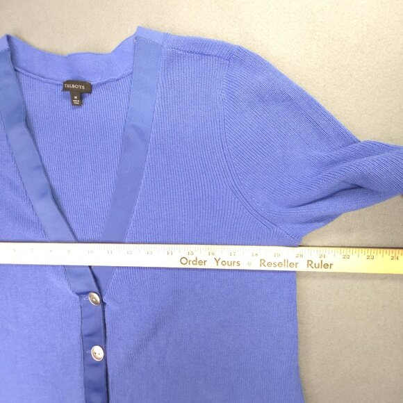 Talbots Cardigan Sweater Womens Medium Blue V-Neck Button Front Satin Trim Knit - Picture 9 of 13